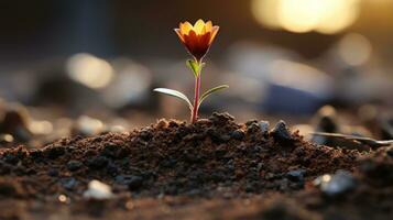 un pequeño naranja flor es creciente fuera de el suelo foto