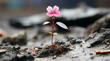 un pequeño rosado flor es creciente fuera de el suelo generativo ai foto