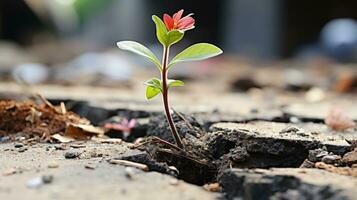 a small plant growing out of a crack in the ground generative ai photo