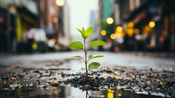 a small plant is growing out of a puddle in the middle of a city street generative ai photo