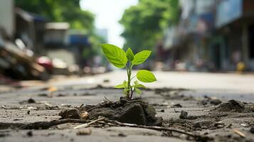 un pequeño planta es creciente fuera de el suciedad en el medio de un calle generativo ai foto