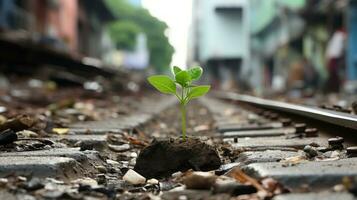 a small plant is growing out of the ground on a railroad track generative ai photo