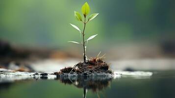 a small plant is growing out of the mud in the water generative ai photo