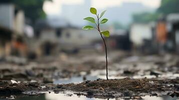 un pequeño planta es creciente fuera de el barro en frente de un ciudad generativo ai foto