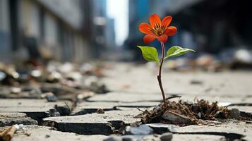a small red flower growing out of a crack in the pavement generative ai photo