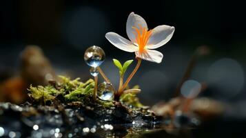 a small white flower sits on top of moss and water droplets generative ai photo