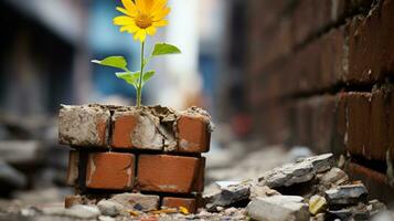 un pequeño amarillo flor creciente fuera de un ladrillo pared generativo ai foto