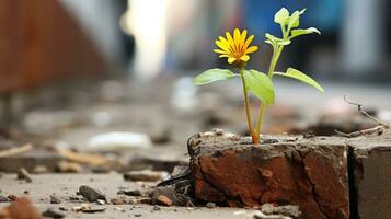 un pequeño amarillo flor creciente fuera de un grieta en un ladrillo pared generativo ai foto