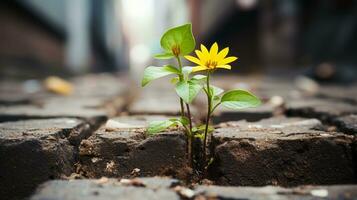 un pequeño amarillo flor es creciente fuera de un ladrillo pared generativo ai foto