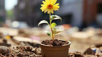 a small yellow flower is growing in a pot on the ground generative ai photo