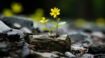 a small yellow flower is growing out of a rock generative ai photo