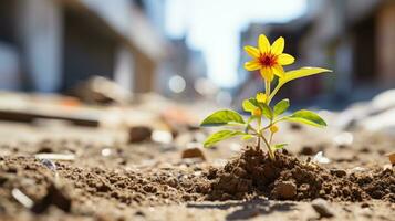 a small yellow flower is growing out of the dirt generative ai photo