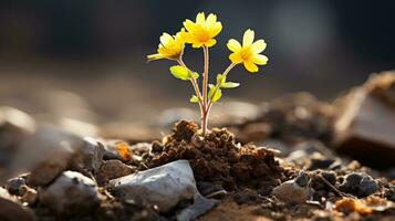 a small yellow flower is growing out of the ground generative ai photo