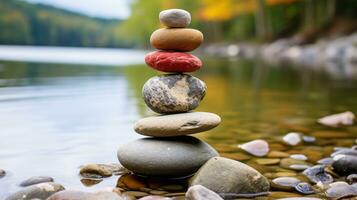 a stack of rocks sitting on the shore of a lake generative ai photo
