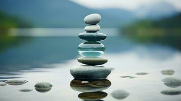 a stack of stones is sitting on top of a body of water generative ai photo