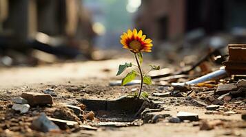 un girasol creciente fuera de un grieta en el suelo generativo ai foto