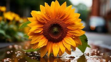 a sunflower is sitting on a puddle with water droplets on it generative ai photo