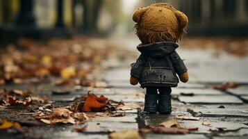 a teddy bear is standing on the street in the fall generative ai photo