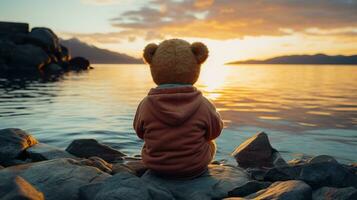 a teddy bear sitting on a rock by the water at sunset generative ai photo