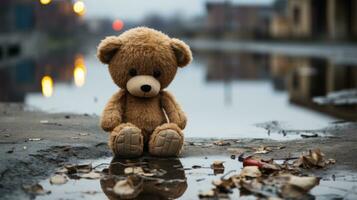 a teddy bear sitting on the ground in a puddle generative ai photo