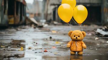 a teddy bear with yellow balloons generative ai photo