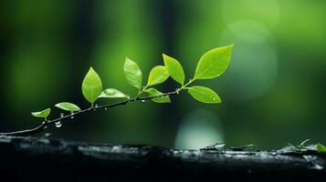 a tree branch with green leaves on it in front of a green background generative ai photo