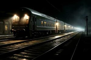 a train on the tracks at night generative ai photo