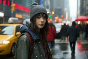 a woman in a beanie and jacket walking down a street in the rain generative ai photo