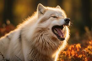 un blanco lobo con sus boca abierto en el bosque generativo ai foto