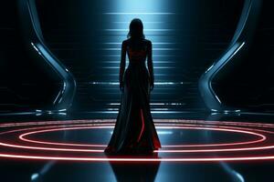 a woman in a black dress standing in front of a red circle generative ai photo