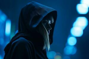 a woman in a black hoodie standing in the dark photo