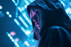 a woman in a black hoodie standing in front of neon lights generative ai photo