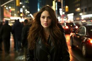 a woman in a black leather jacket standing in the middle of a busy city street at night generative ai photo