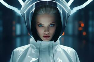 a woman in a futuristic suit and helmet generative ai photo