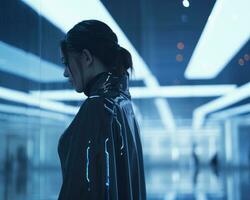 a woman in a futuristic suit stands in an empty room generative ai photo