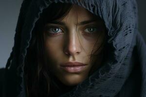 a woman in a hooded robe with blue eyes photo