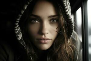 a woman in a hoodie looking out the window generative ai photo