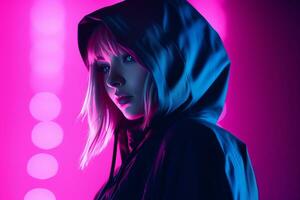 a woman in a hoodie standing in front of neon lights photo