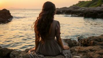 un mujer en un largo vestir sentado en el rocas a puesta de sol generativo ai foto