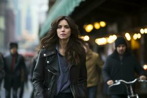 a woman in a leather jacket walking down a city street generative ai photo