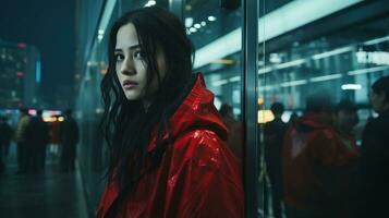 a woman in a red coat standing in front of a glass window generative ai photo