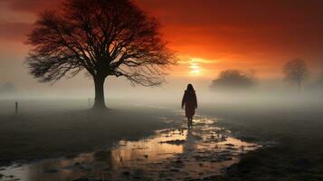 a woman in a red dress walking through a foggy field at sunset generative ai photo