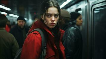 a woman in a red coat standing on a subway train photo