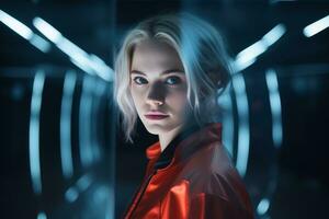 a woman in a red jacket standing in a dark tunnel generative ai photo