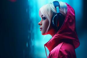 a woman in a red hoodie with headphones on generative ai photo