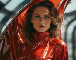 a woman in a red latex dress posing in front of a window generative ai photo