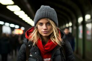 a woman in a winter hat and scarf standing in a subway station generative ai photo