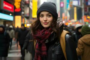 a woman in a winter hat and scarf walking down a busy city street generative ai photo