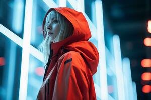 a woman in an orange jacket standing in front of neon lights generative ai photo