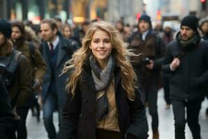 a woman is walking down the street with a group of people behind her generative ai photo